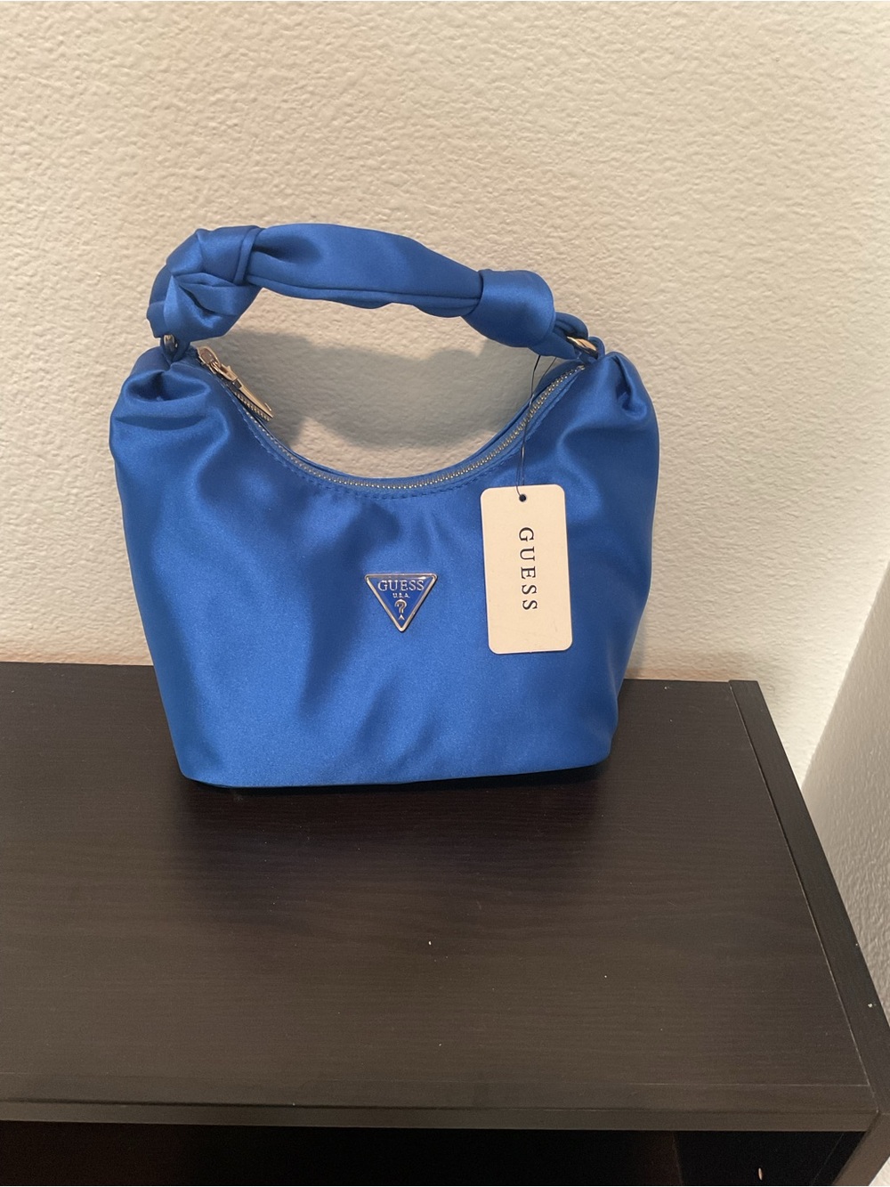 GUESS Cobalt Blue Satin Knot-Handle Hobo Bag Velina  Purse